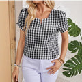Women's Gingham Check Top with Notched Square Neckline and Puff Sleeves 0