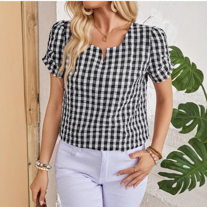 Women's Gingham Check Top with Notched Square Neckline and Puff Sleeves 0