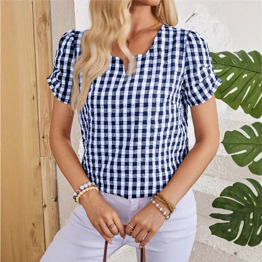 Women's Gingham Check Top with Notched Square Neckline and Puff Sleeves 1