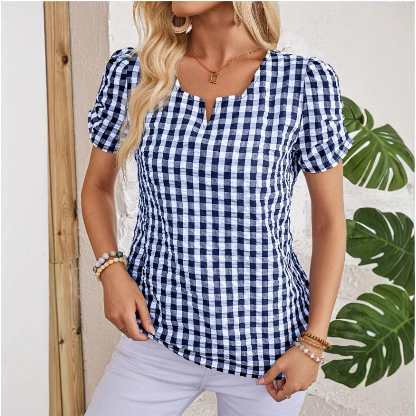 Women's Gingham Check Top with Notched Square Neckline and Puff Sleeves 2