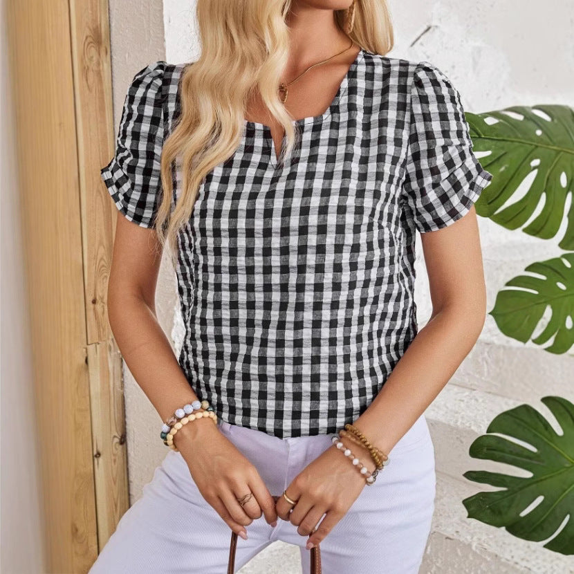 Women's Gingham Check Top with Notched Square Neckline and Puff Sleeves 3