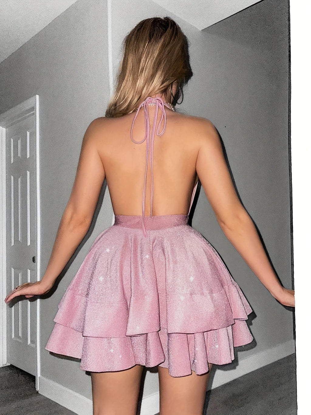 Women's Glitter Halter Neck Cocktail Mini Dress - Tiered Full Skirt 3