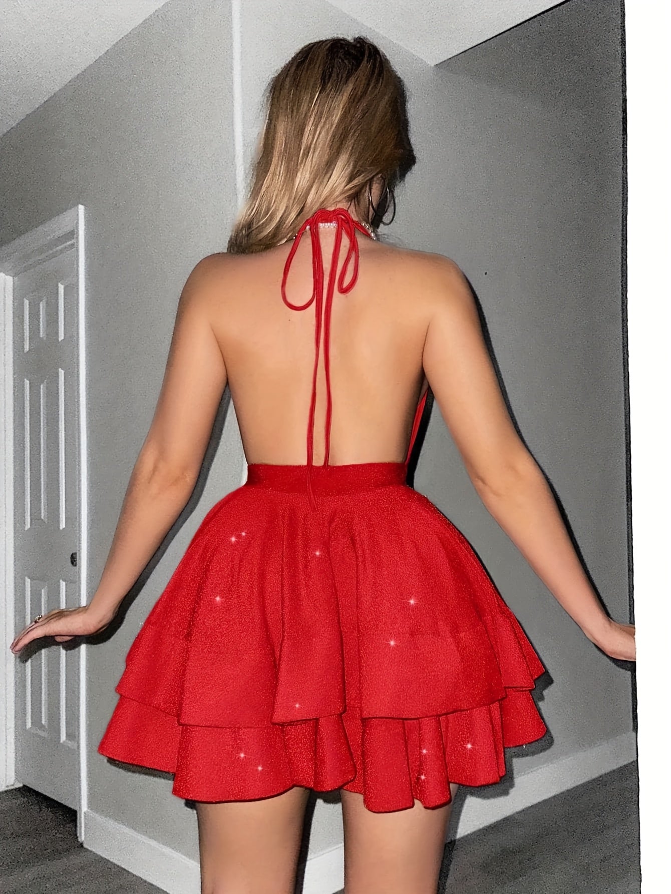 Women's Glitter Halter Neck Cocktail Mini Dress - Tiered Full Skirt 5