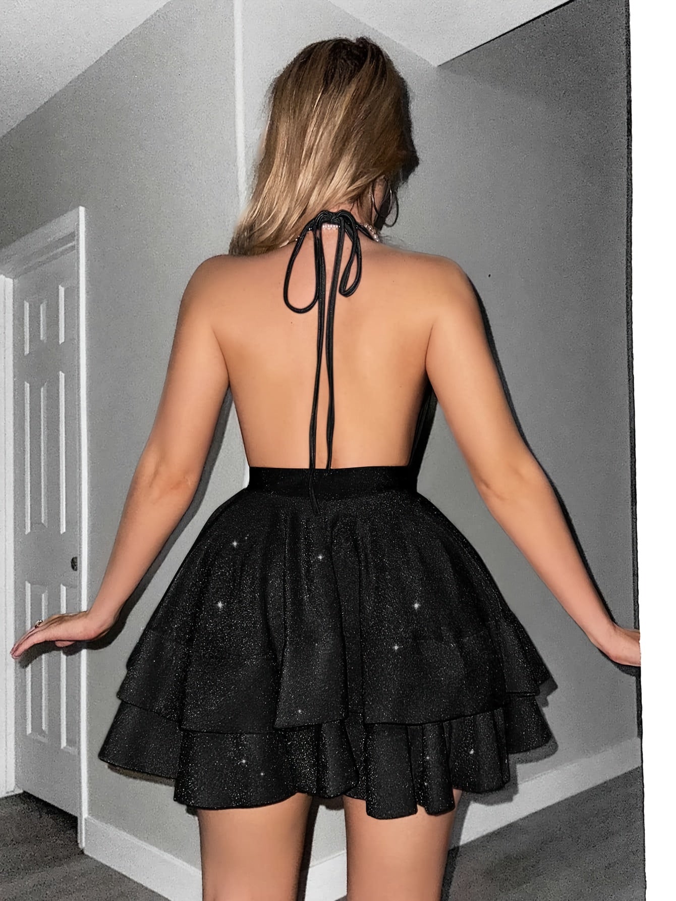 Women's Glitter Halter Neck Cocktail Mini Dress - Tiered Full Skirt 7