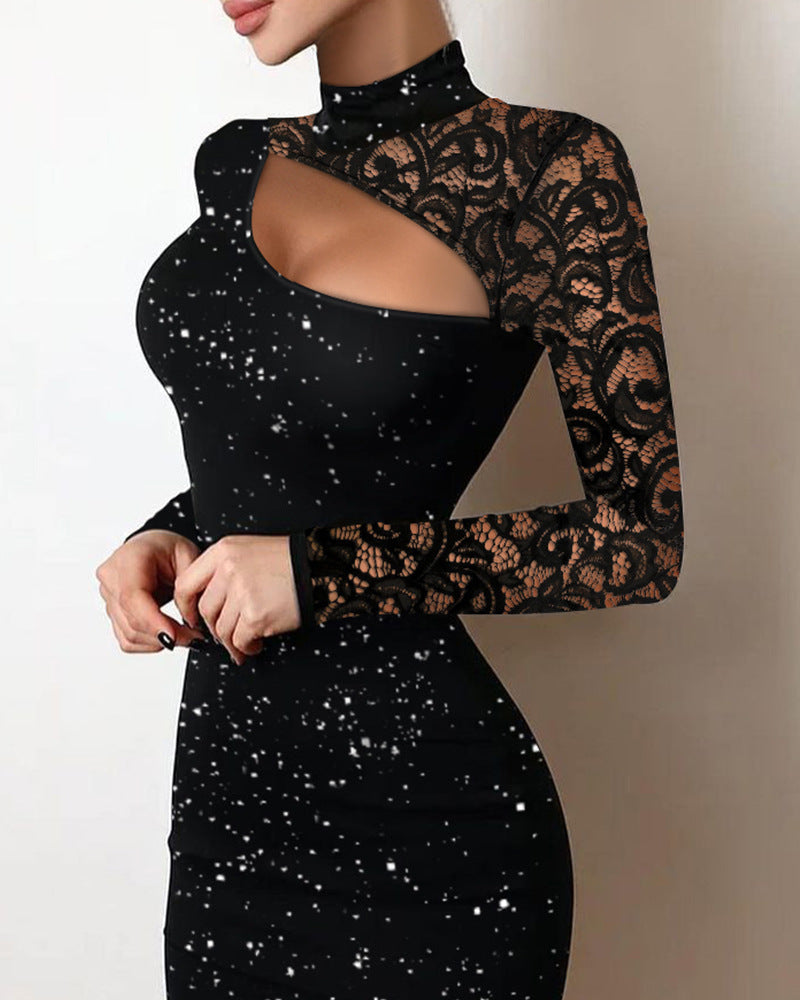Women's Glitter Lace Sleeve Keyhole Neck Bodycon Mini Dress 1