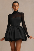 Women’s High Neck Long Sleeve Mini Dress with Sculpted Puff Skirt 0