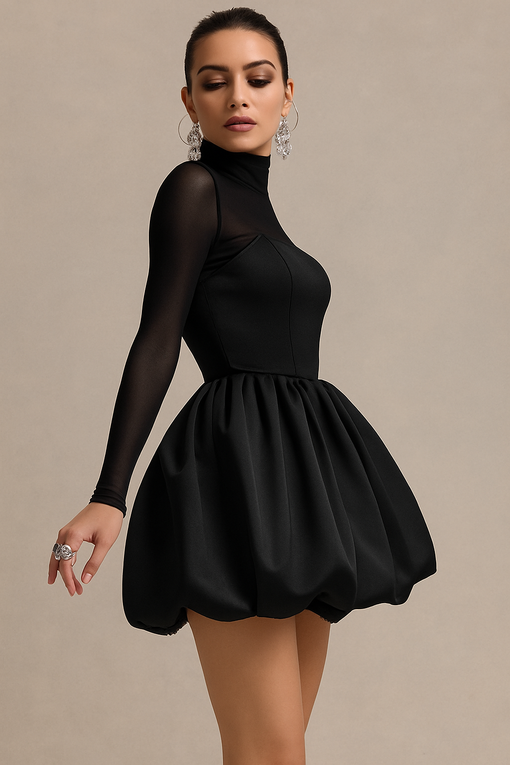 Women’s High Neck Long Sleeve Mini Dress with Sculpted Puff Skirt 1