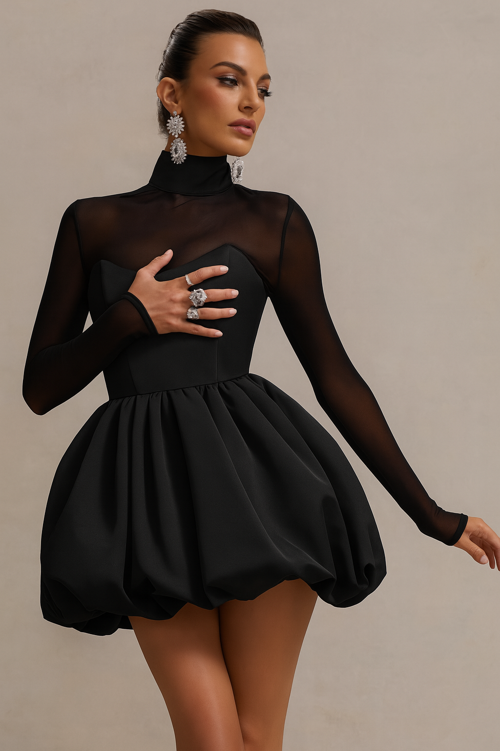 Women’s High Neck Long Sleeve Mini Dress with Sculpted Puff Skirt 2