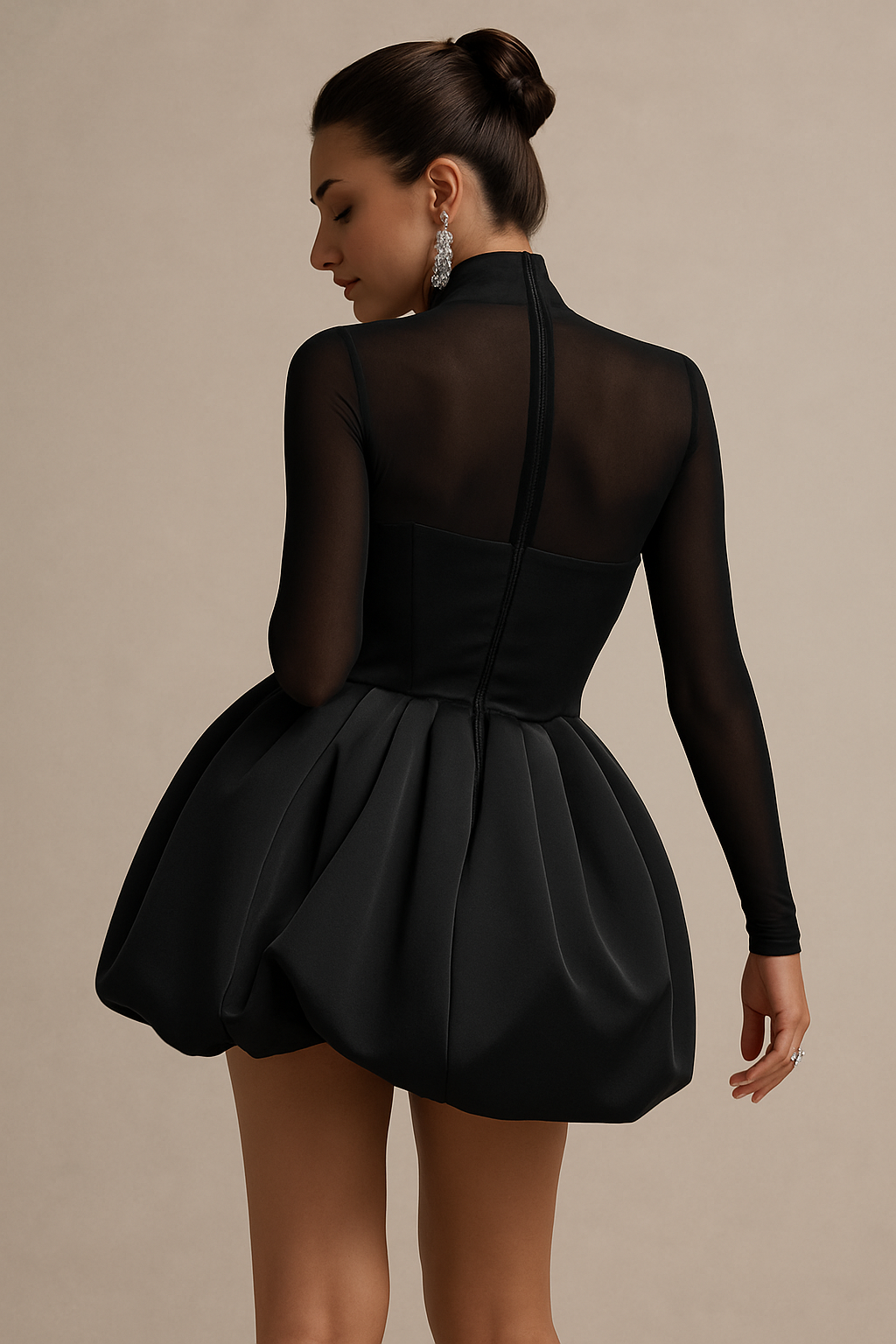 Women’s High Neck Long Sleeve Mini Dress with Sculpted Puff Skirt 4