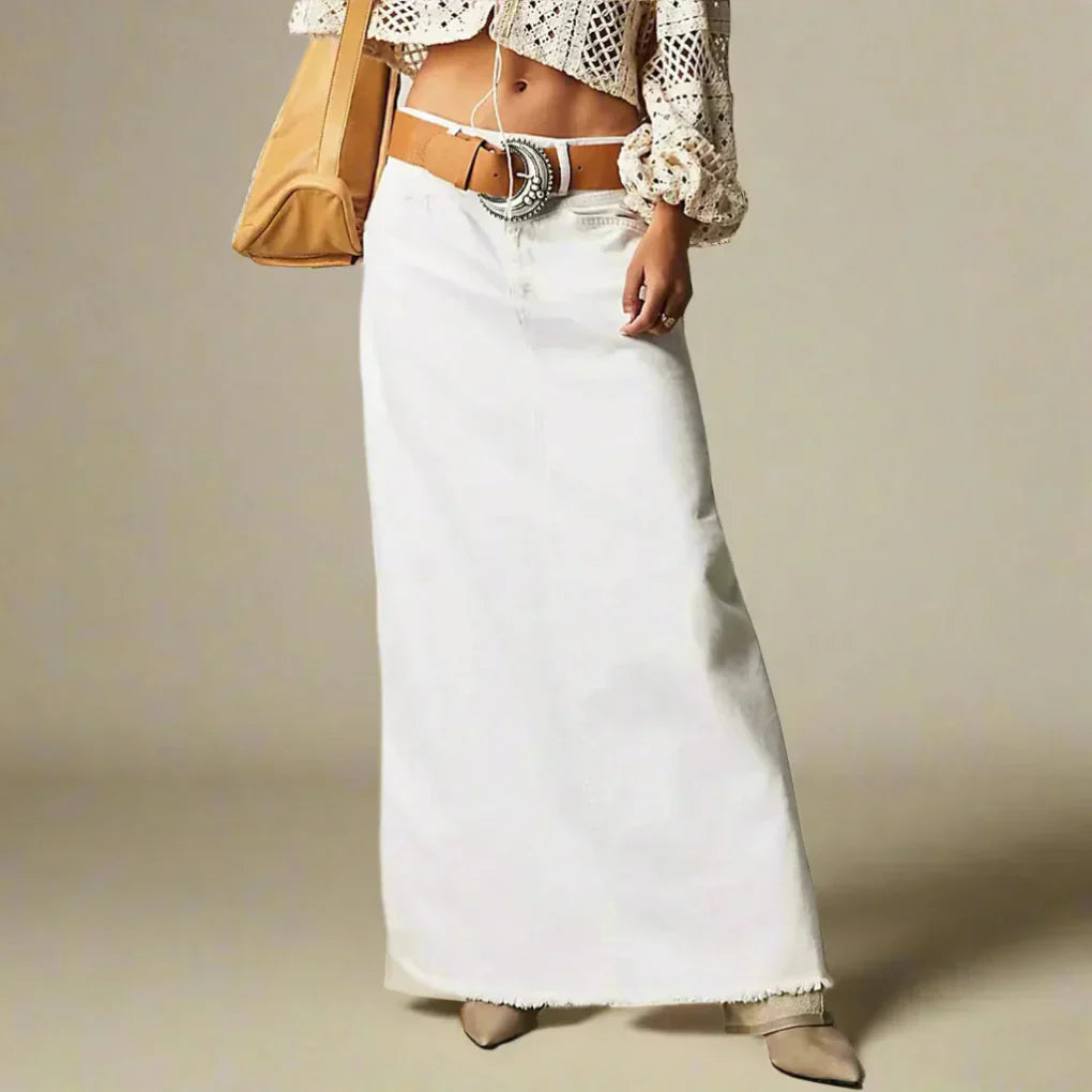 Women's High Waist Straight Denim Maxi Skirt - Raw Hem 1