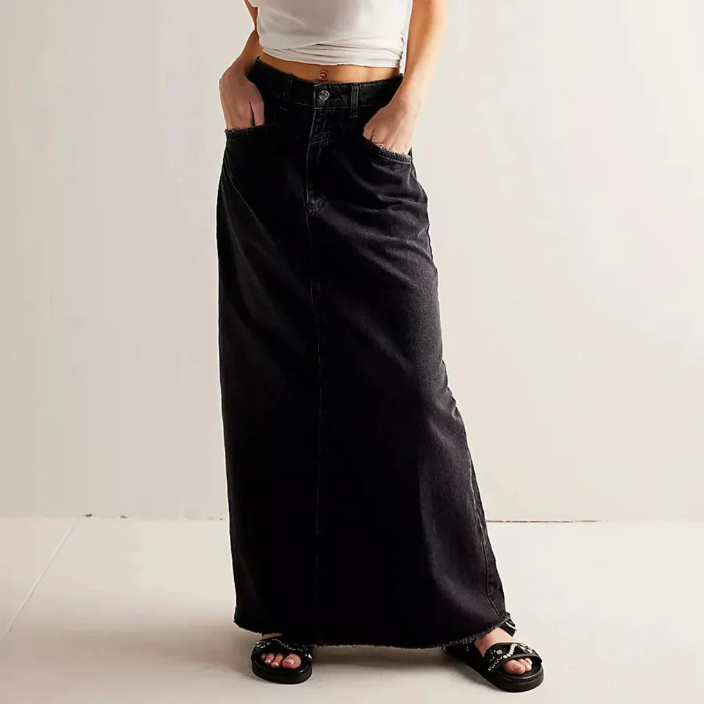 Women's High Waist Straight Denim Maxi Skirt - Raw Hem 2