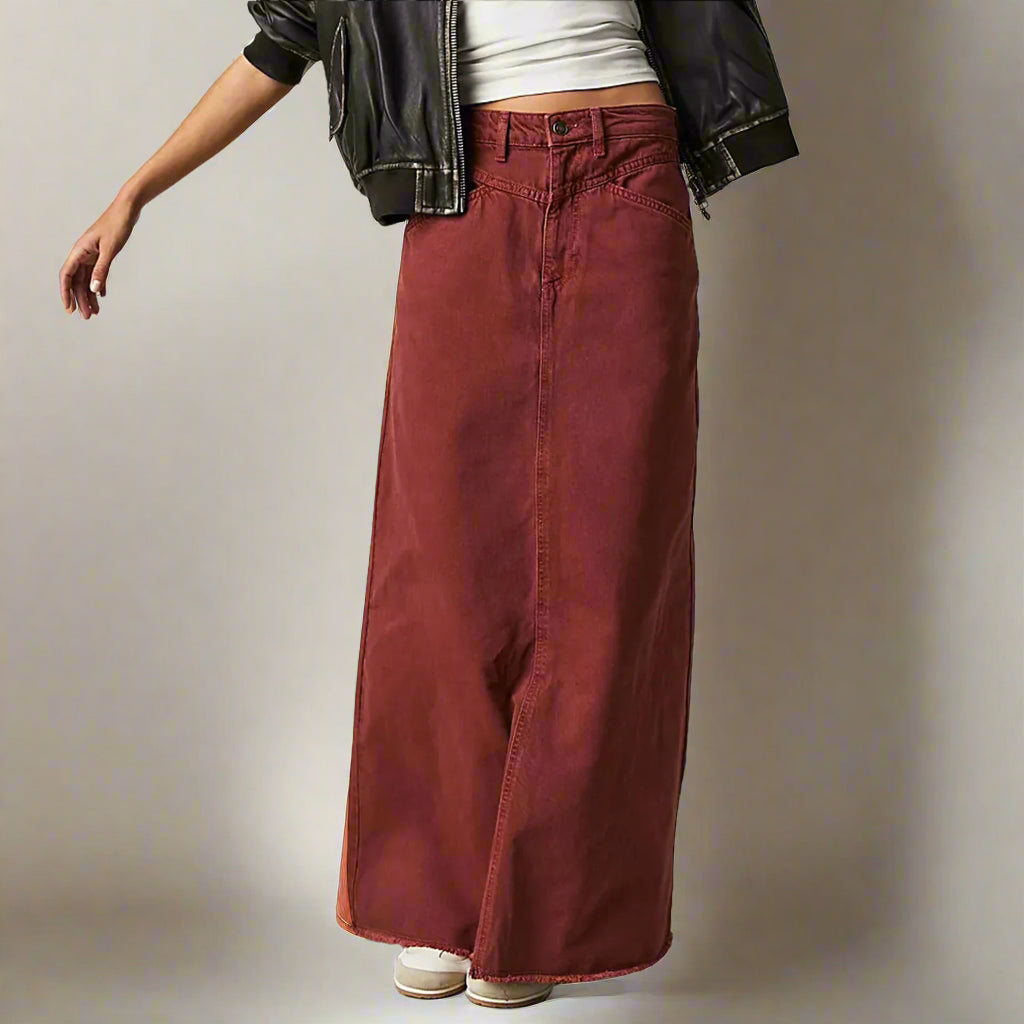 Women's High Waist Straight Denim Maxi Skirt - Raw Hem 3