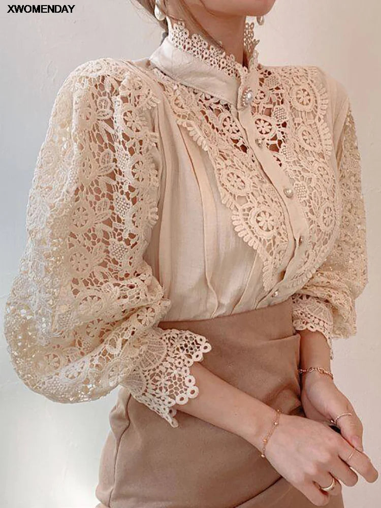 Women's Lace Long Sleeve Button-Front High Neck Blouse 0