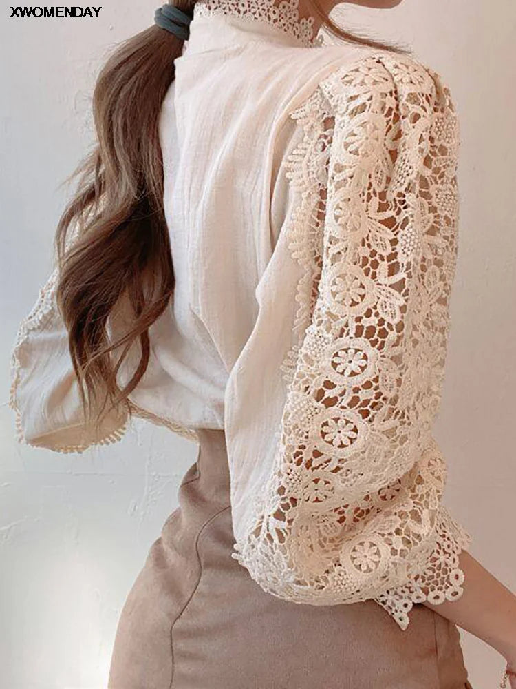 Women's Lace Long Sleeve Button-Front High Neck Blouse 1