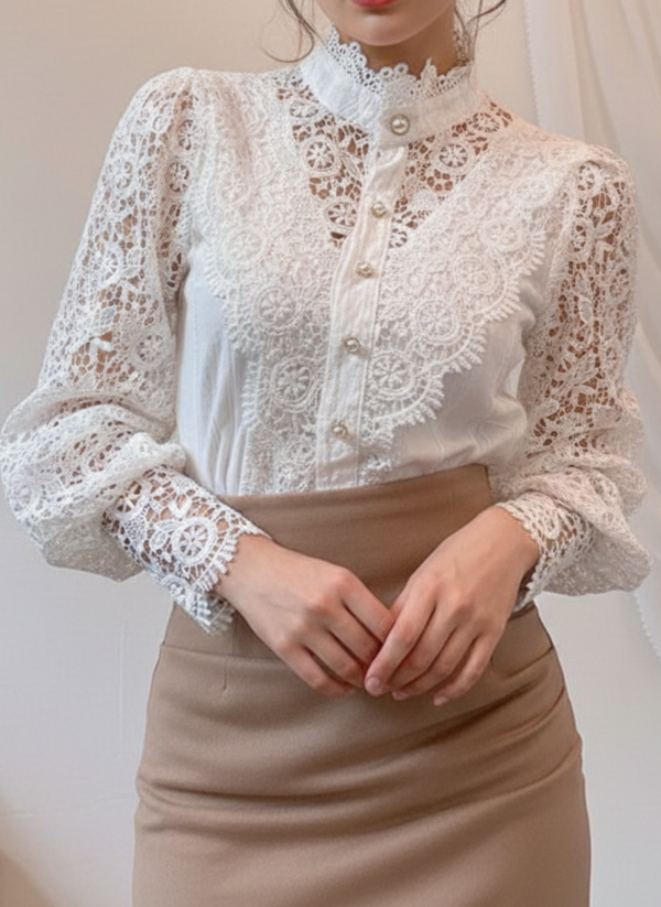 Women's Lace Long Sleeve Button-Front High Neck Blouse 2
