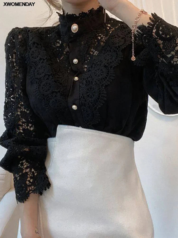Women's Lace Long Sleeve Button-Front High Neck Blouse 3