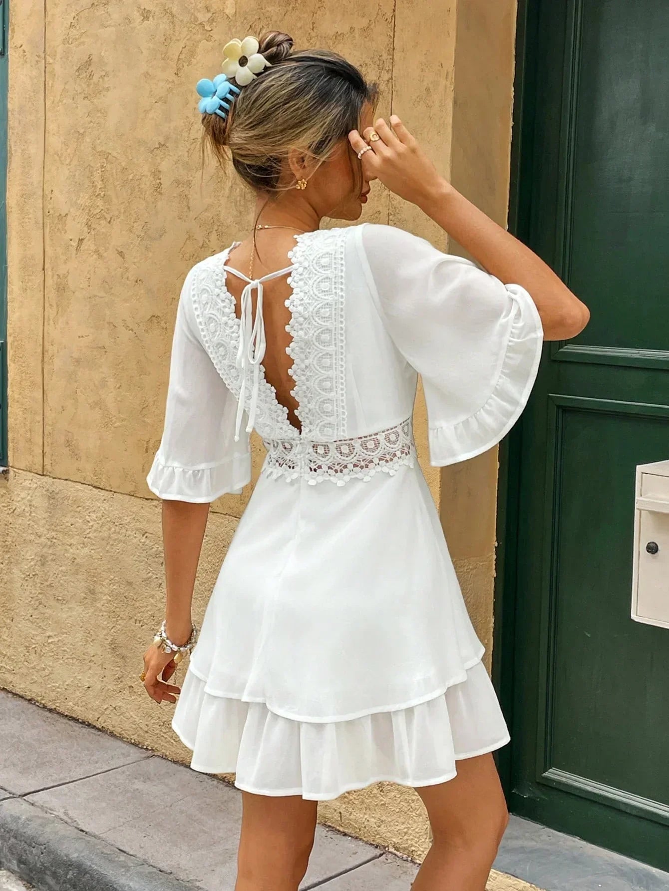 Women’s Lace Trim V-Neck Mini Dress with Ruffle Hem 2