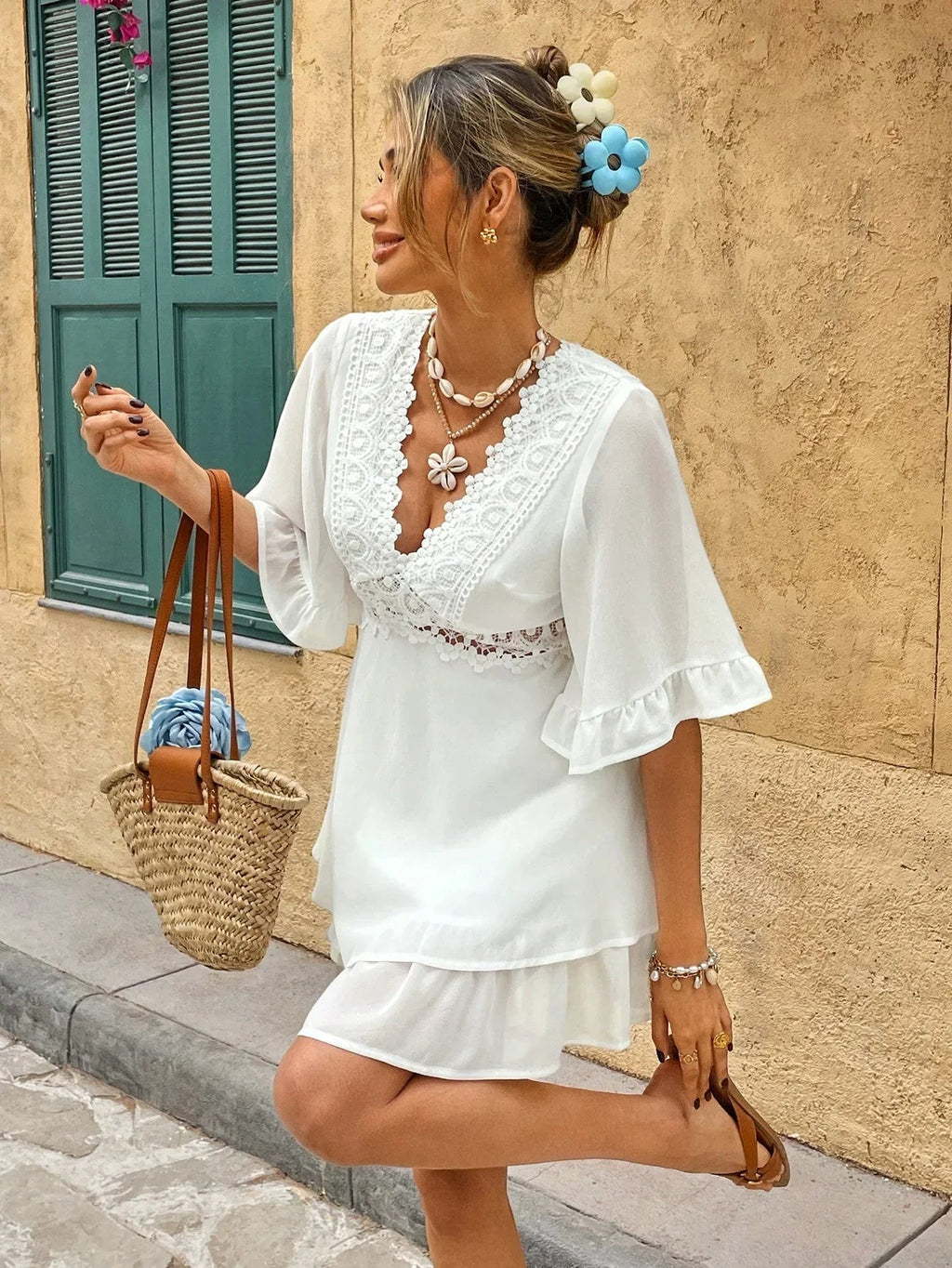 Women’s Lace Trim V-Neck Mini Dress with Ruffle Hem 3