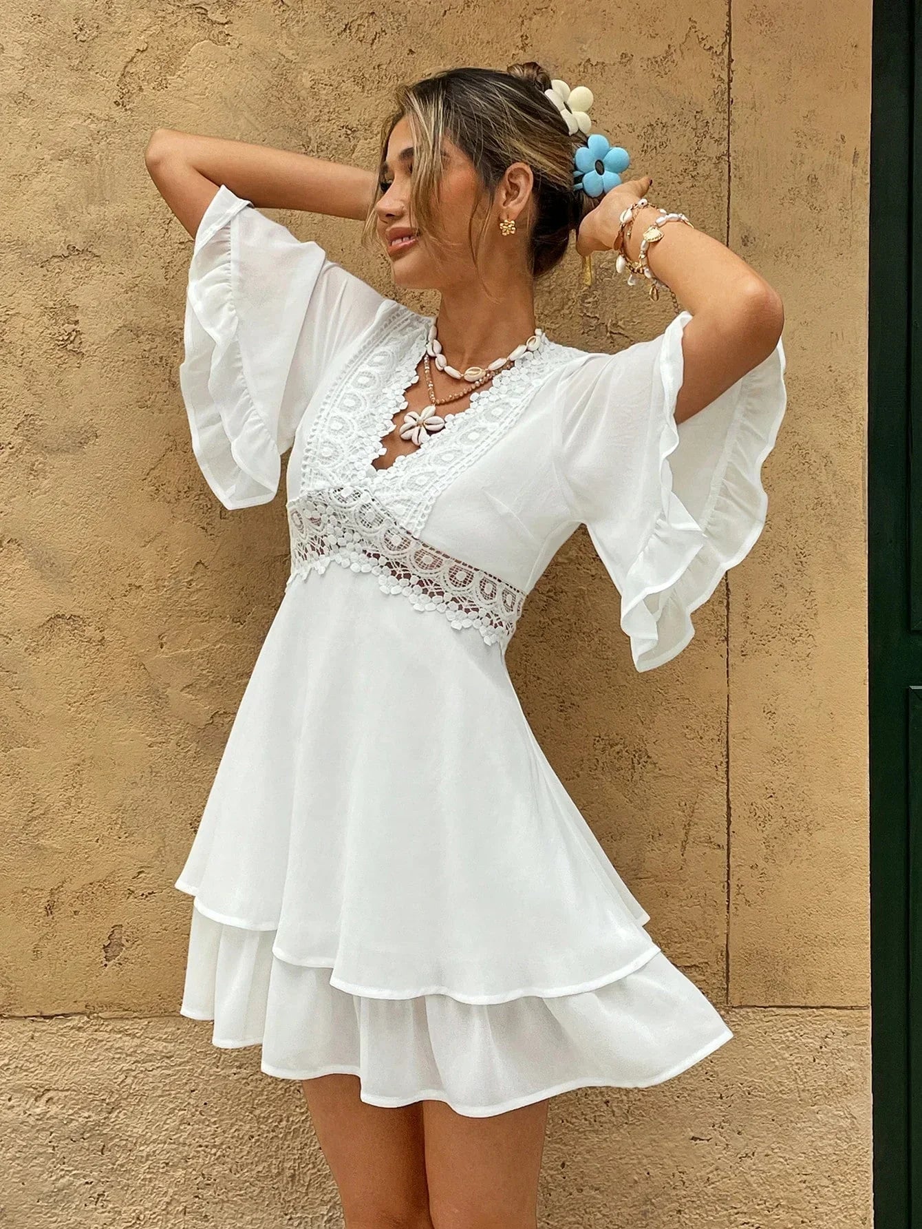 Women’s Lace Trim V-Neck Mini Dress with Ruffle Hem 4