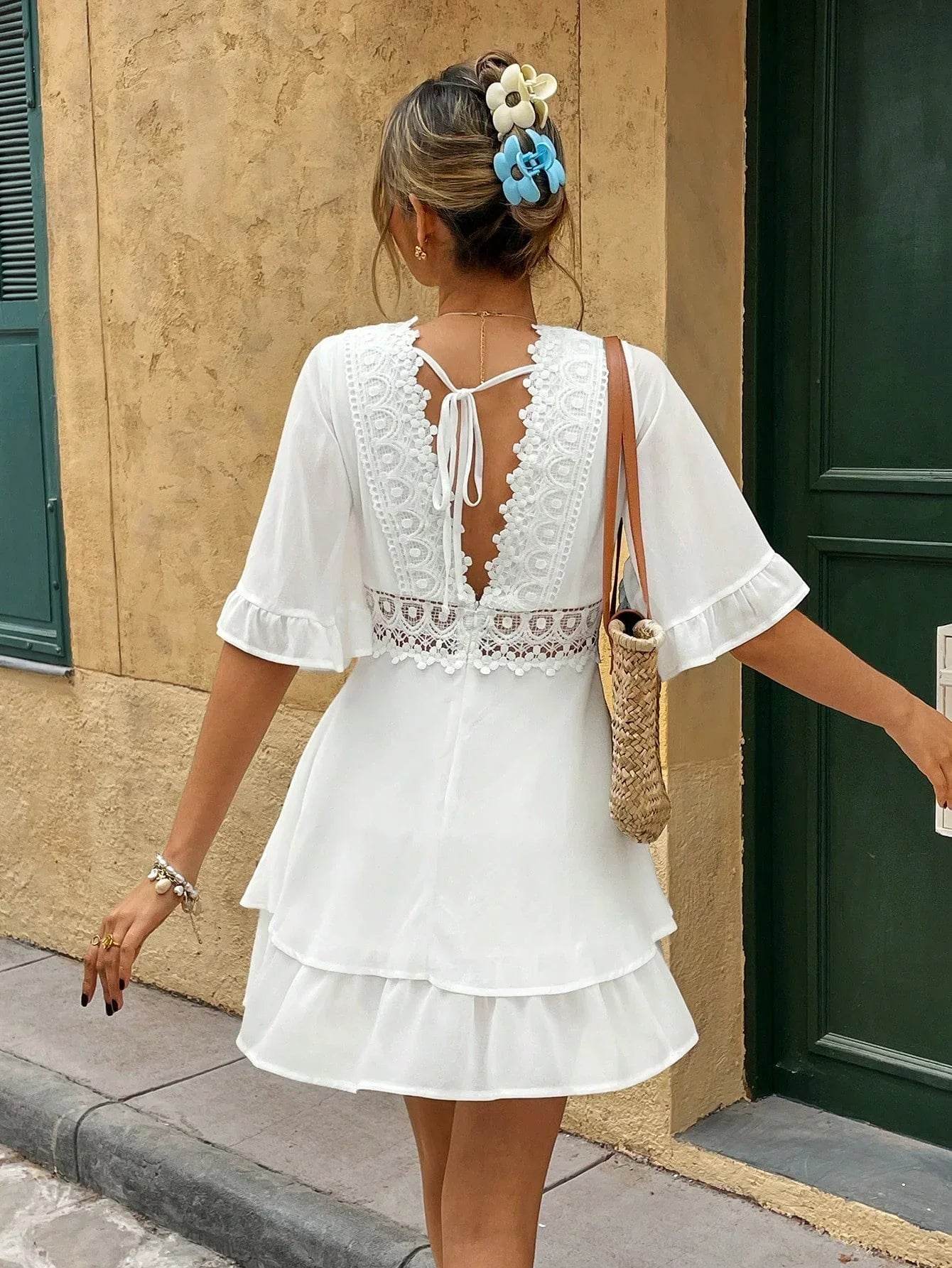 Women’s Lace Trim V-Neck Mini Dress with Ruffle Hem 6