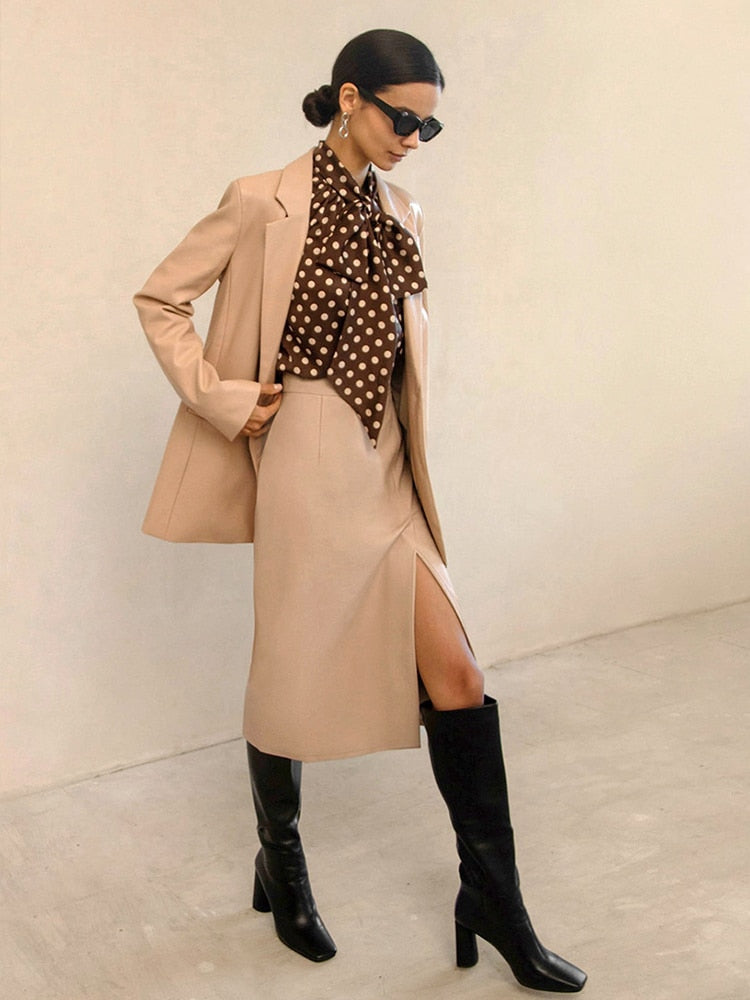 Women's Leather Bodycon Midi Skirt - High Waist Side Slit 3
