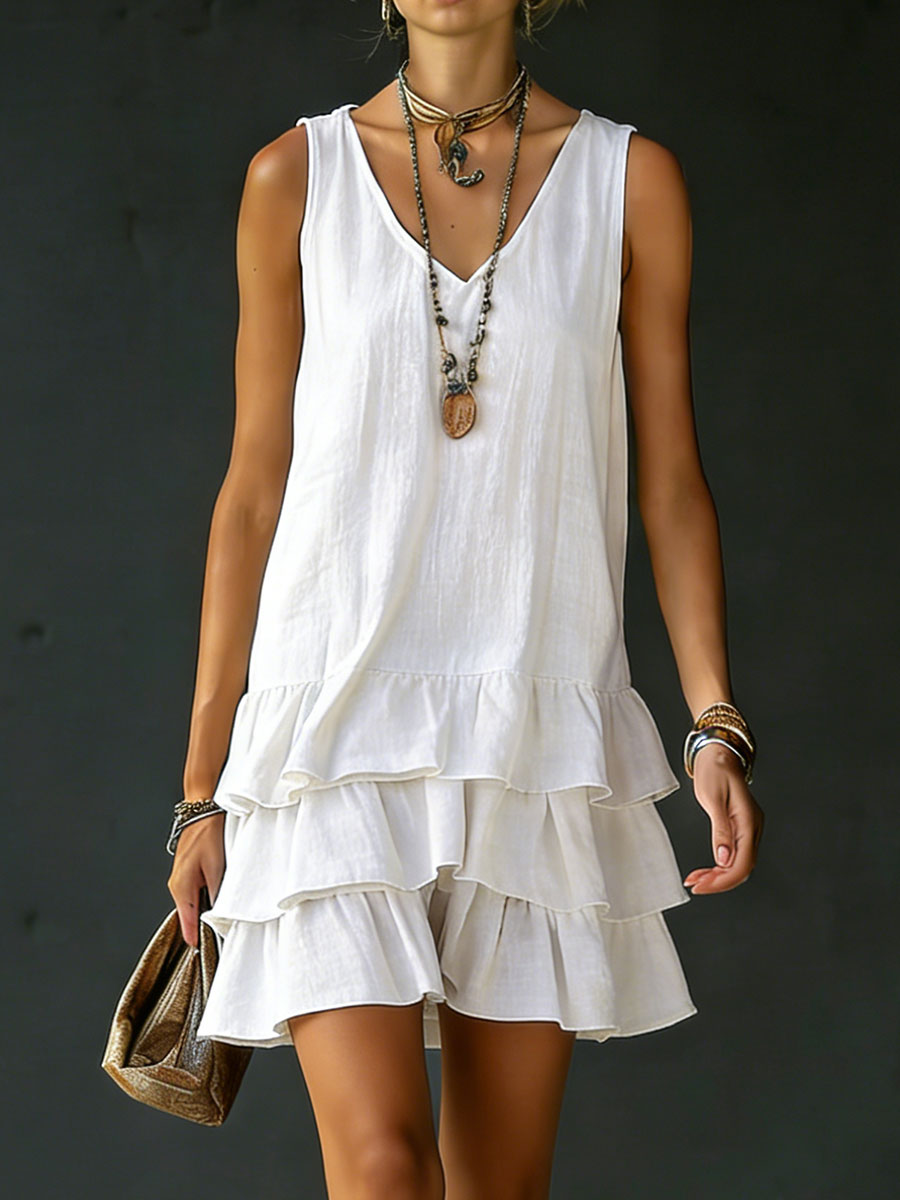 Women's Linen Mini Dress Tiered Ruffle 0