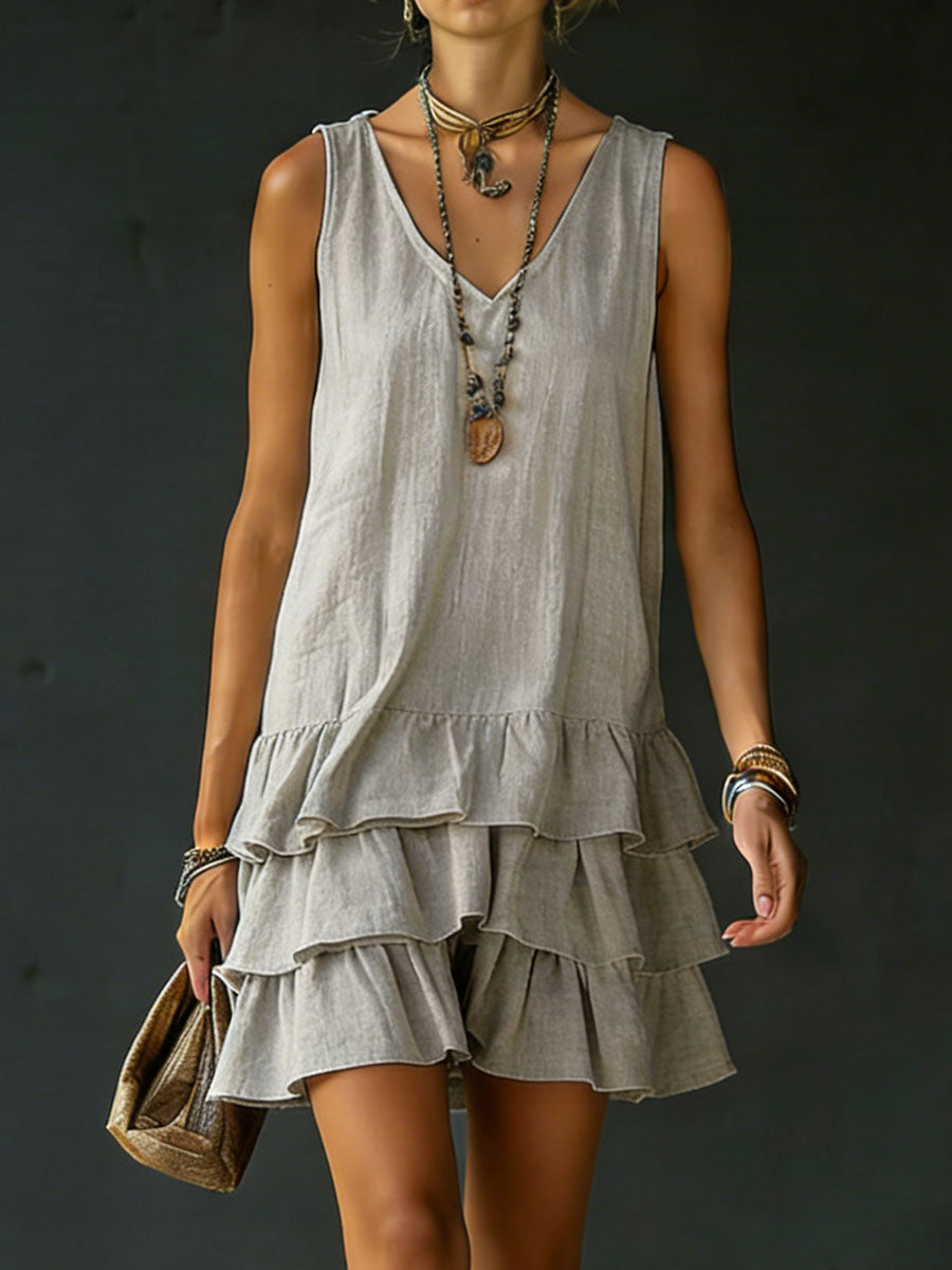 Women's Linen Mini Dress Tiered Ruffle 1