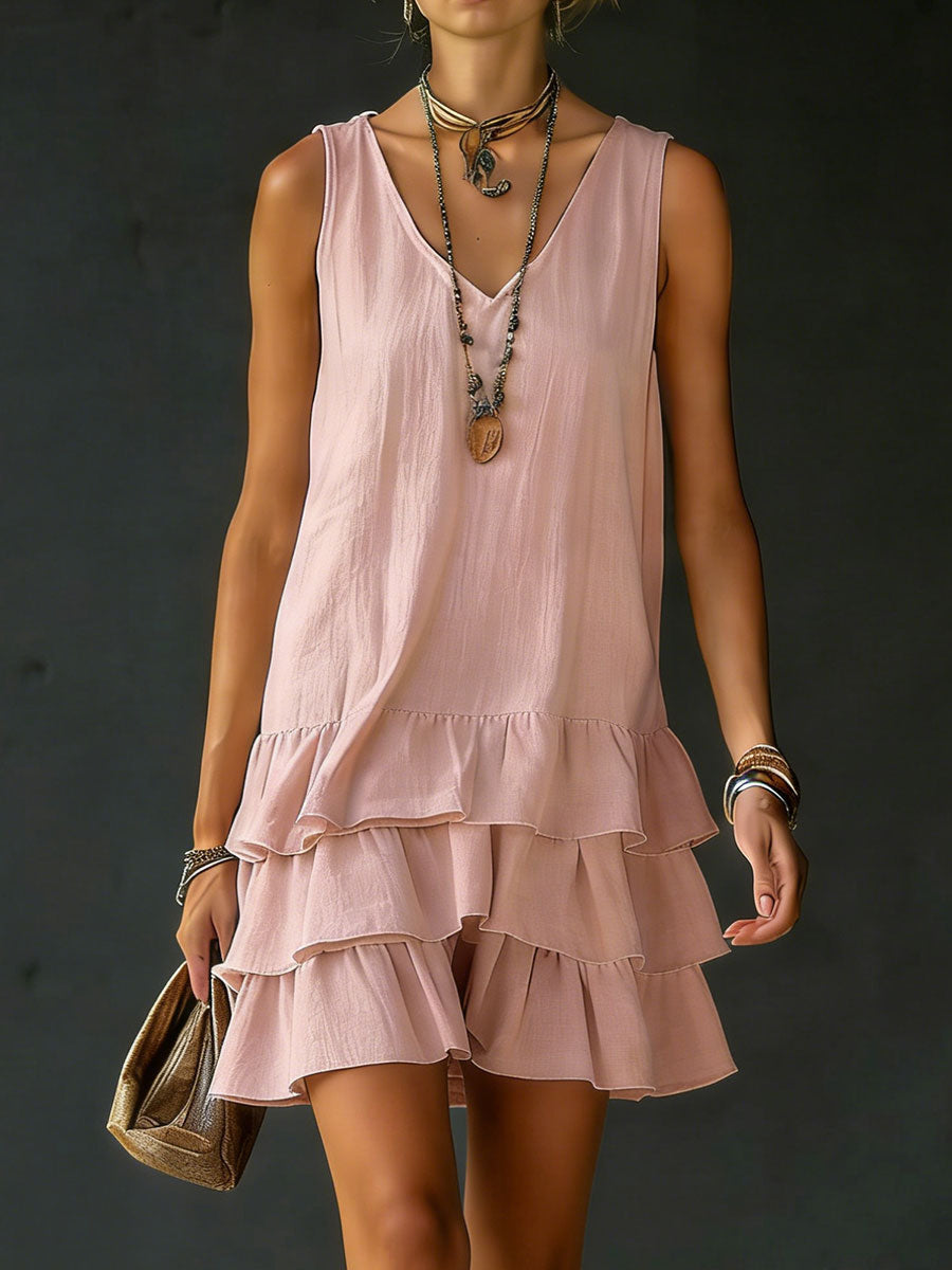 Women's Linen Mini Dress Tiered Ruffle 2