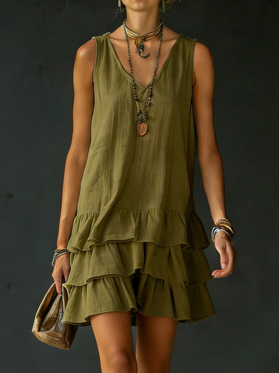 Women's Linen Mini Dress Tiered Ruffle 3