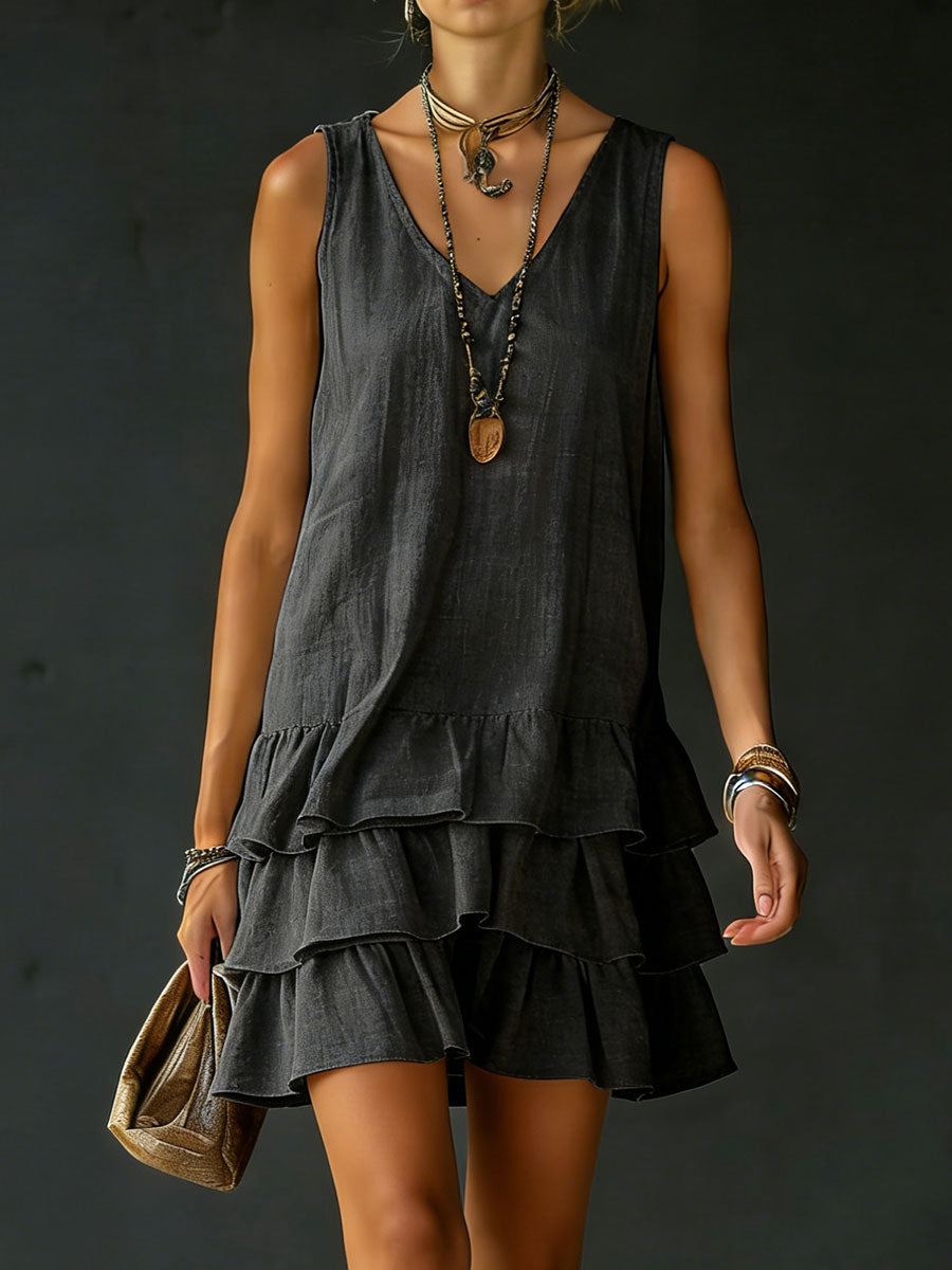 Women's Linen Mini Dress Tiered Ruffle 4