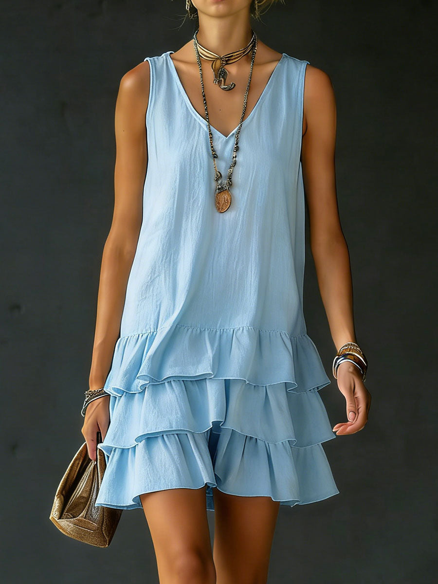 Women's Linen Mini Dress Tiered Ruffle 6