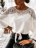 Women's Long Sleeve Lace Yoke Blouse - Round Neck Crochet Panel 0