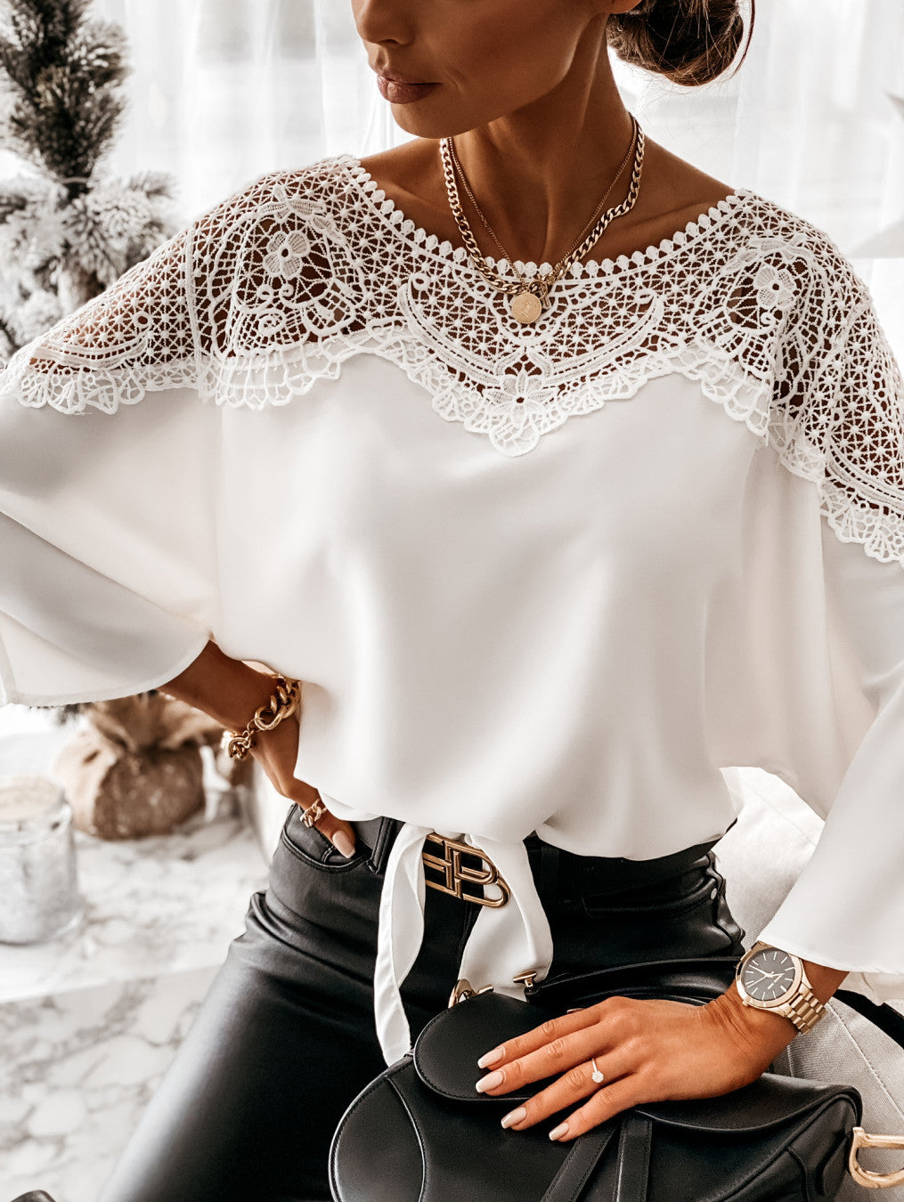 Women's Long Sleeve Lace Yoke Blouse - Round Neck Crochet Panel 0