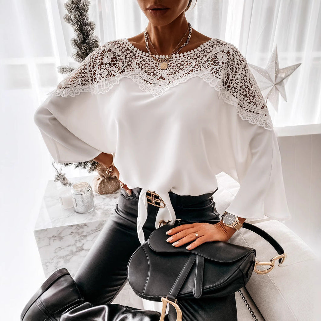 Women's Long Sleeve Lace Yoke Blouse - Round Neck Crochet Panel 1