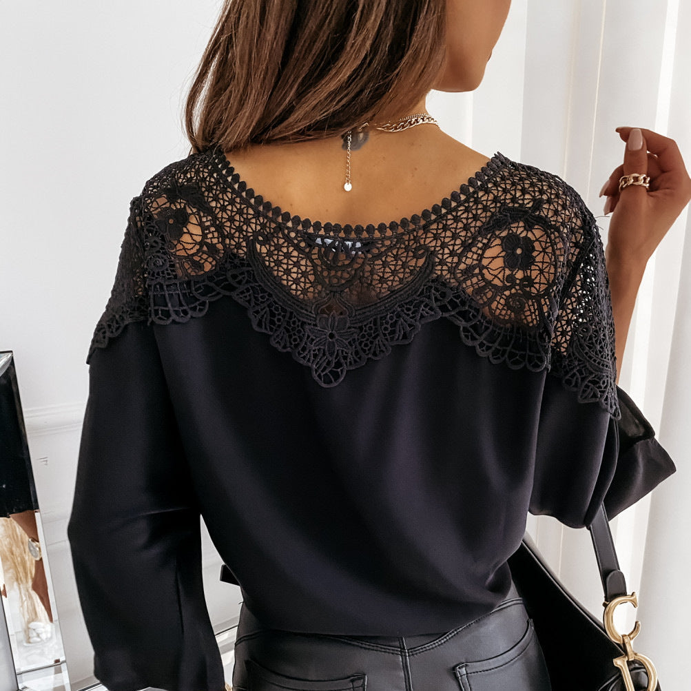 Women's Long Sleeve Lace Yoke Blouse - Round Neck Crochet Panel 3