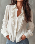 Women's Long Sleeve Ruffle Front Button Up Shirt - Collared 0