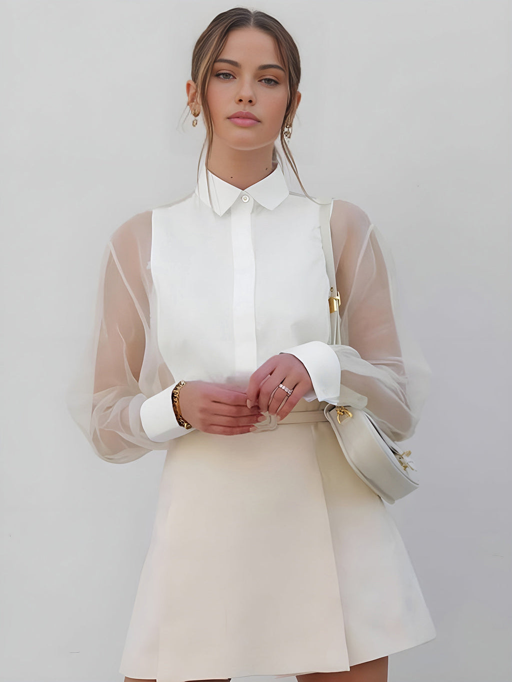 Women’s Long Sleeve Sheer Sleeve Blouse with Collar and Button Front 1