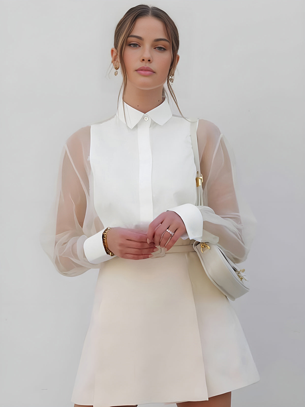 Women’s Long Sleeve Sheer Sleeve Blouse with Collar and Button Front 1