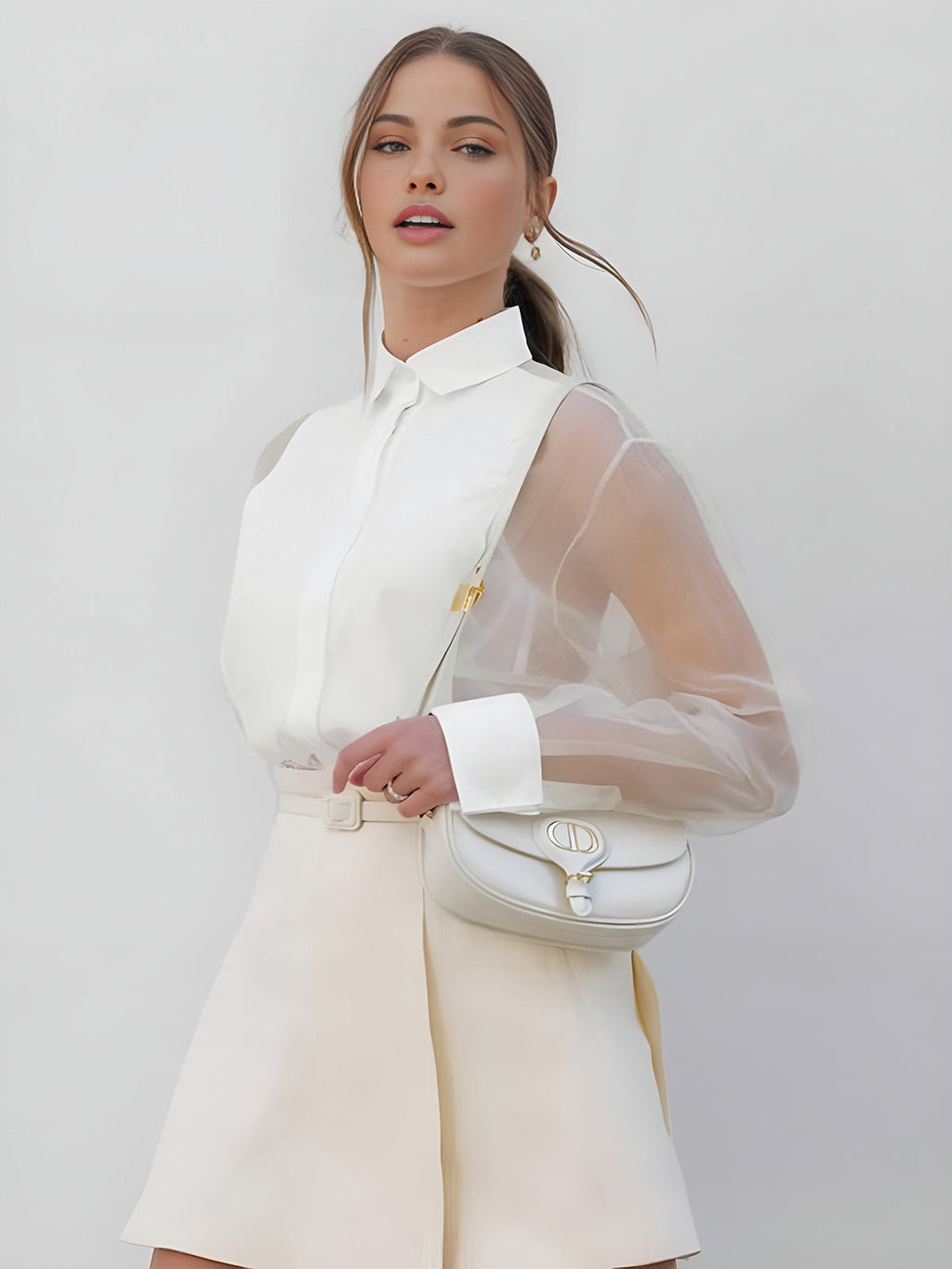 Women’s Long Sleeve Sheer Sleeve Blouse with Collar and Button Front 2