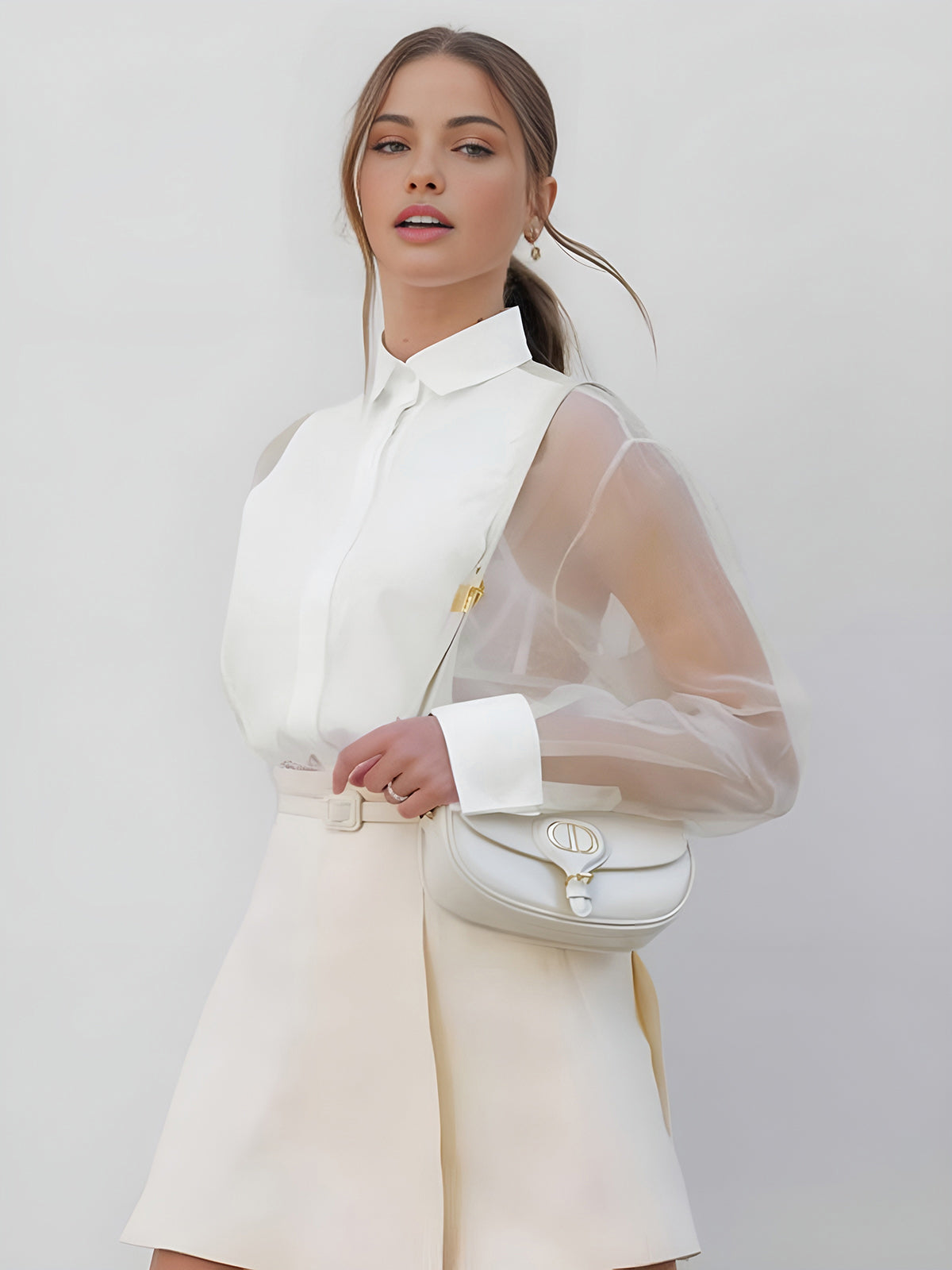 Women’s Long Sleeve Sheer Sleeve Blouse with Collar and Button Front 2