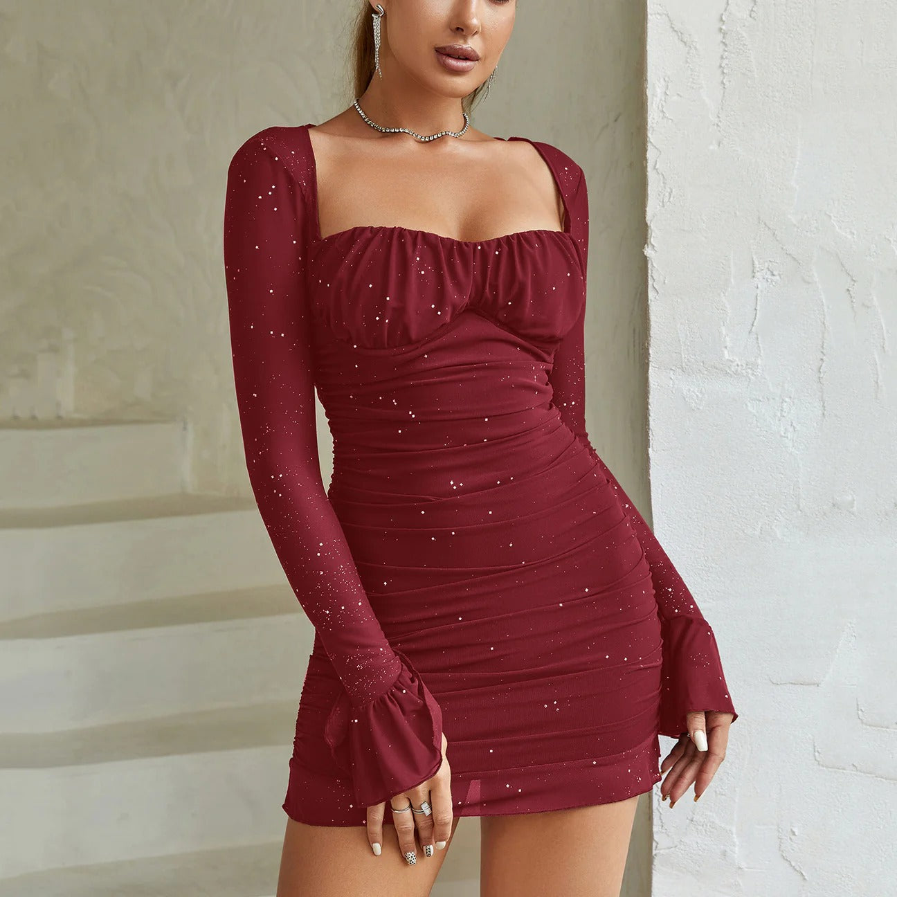 Women’s Long Sleeve Square Neck Mini Dress with Ruched Detail and Flared Cuffs 4