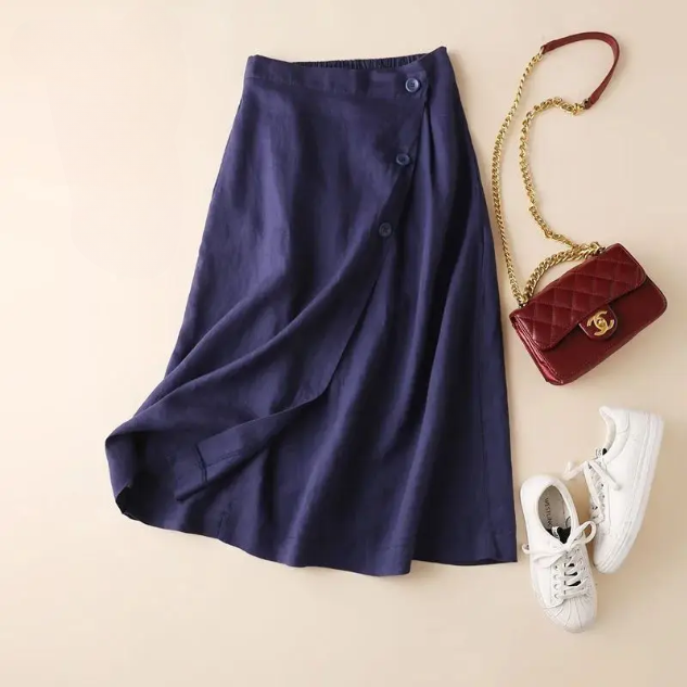 Women's Midi Skirt Linen A-Line Side Button High-Waisted 0