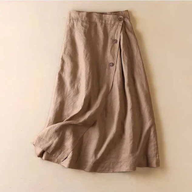 Women's Midi Skirt Linen A-Line Side Button High-Waisted 1