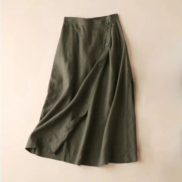 Women's Midi Skirt Linen A-Line Side Button High-Waisted 3