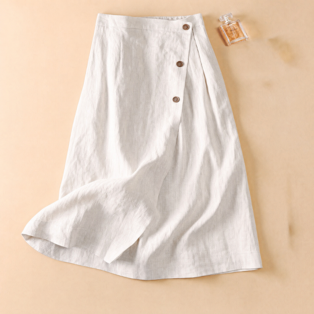 Women's Midi Skirt Linen A-Line Side Button High-Waisted 4