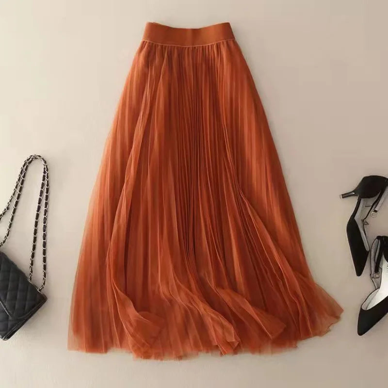 Women's Midi Skirt Pleated Tulle High-Waisted A-Line 0