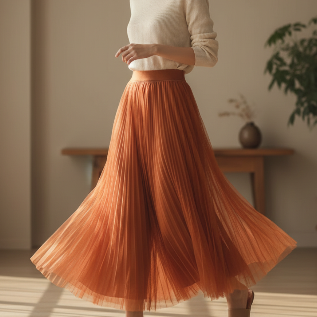 Women's Midi Skirt Pleated Tulle High-Waisted A-Line 1