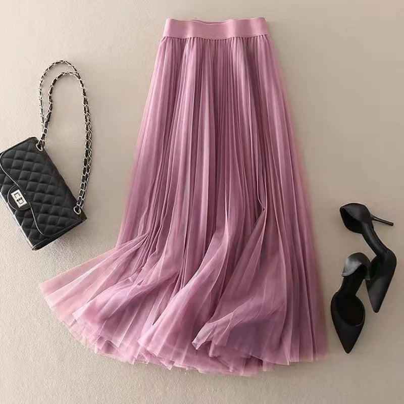 Women's Midi Skirt Pleated Tulle High-Waisted A-Line 2