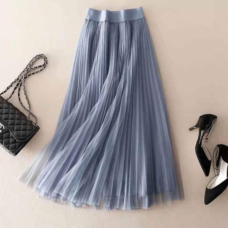 Women's Midi Skirt Pleated Tulle High-Waisted A-Line 3