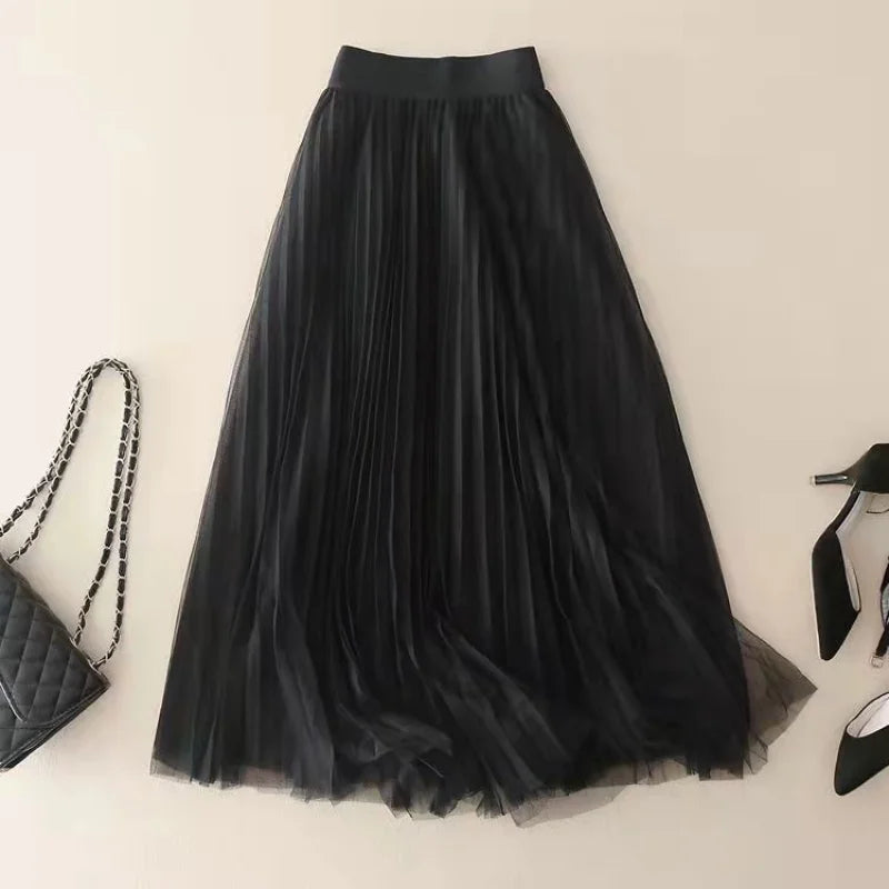 Women's Midi Skirt Pleated Tulle High-Waisted A-Line 4